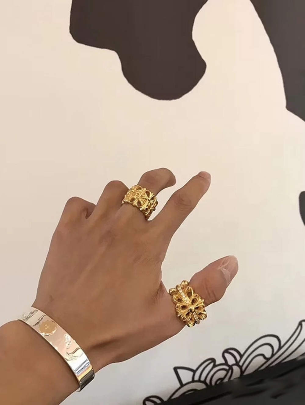 Chrome Hearts Gold-Tone Floral Filigree Ring with Crystal Row - Picture 7 of 7